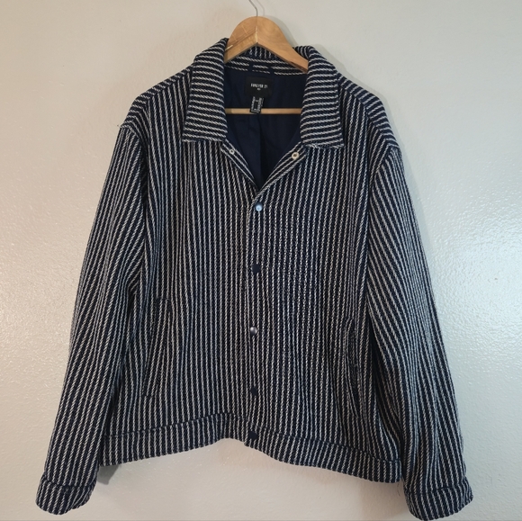 Forever 21 Men's Navy And Cream Striped Trucker Jacket - Picture 1 of 5